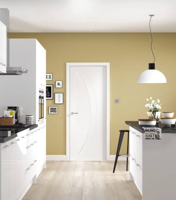 Modern kitchen with white cabinets, a yellow wall, and a white door.