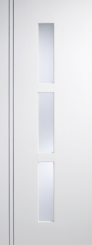 White door with three rectangular glass panels on a white background