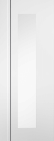 White door with a rectangular glass panel on a white background