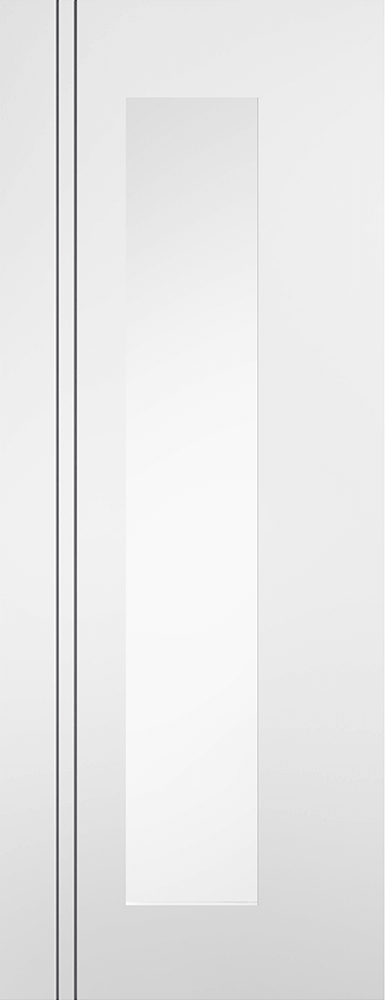 White door with a rectangular glass panel on a white background