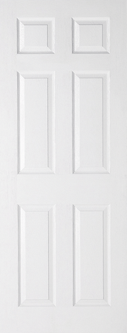 White door with six square panels on a white background