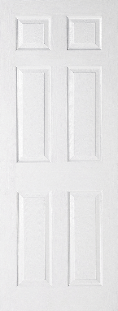White door with six square panels on a white background