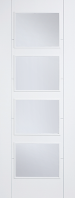 White door with glass panels on a white background
