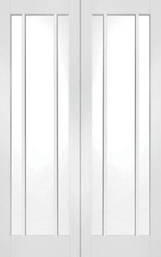 White door with vertical slats on a white background