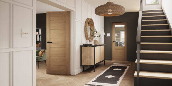 Modern interior design with wooden doors, staircase, and decorative elements.