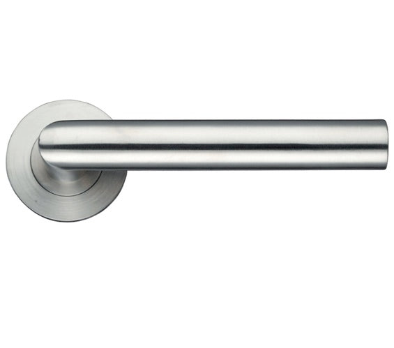 ZOO HARDWARE ZCS ARCHITECTURAL MITRED LEVER ON ROUND ROSE, SATIN STAINLESS STEEL - ZCS010SS (SOLD IN PAIRS)