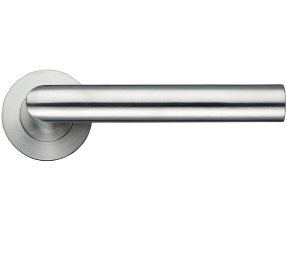 ZOO HARDWARE ZCS ARCHITECTURAL OVAL MITRED LEVER ON ROUND ROSE SATIN STAINLESS STEEL - ZCS050SS (SOLD IN PAIRS)