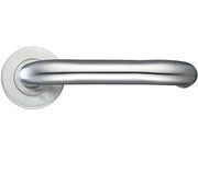 Stainless steel door handle on a white background