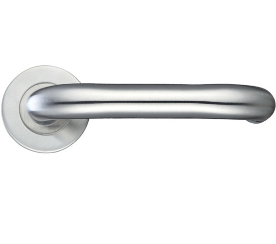 Stainless steel door handle on a white background