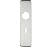 Metallic rectangular plate with circular and keyhole-shaped holes on a white background
