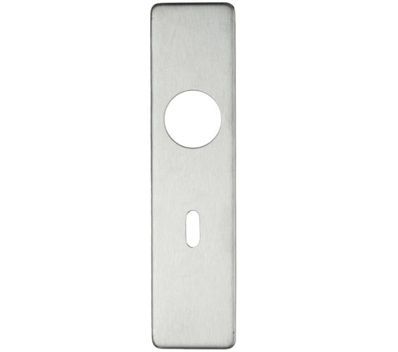 Metallic rectangular plate with circular and keyhole-shaped holes on a white background