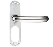 Metal door handle with visible branding on a white background