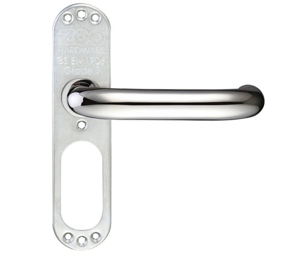 Metal door handle with visible branding on a white background