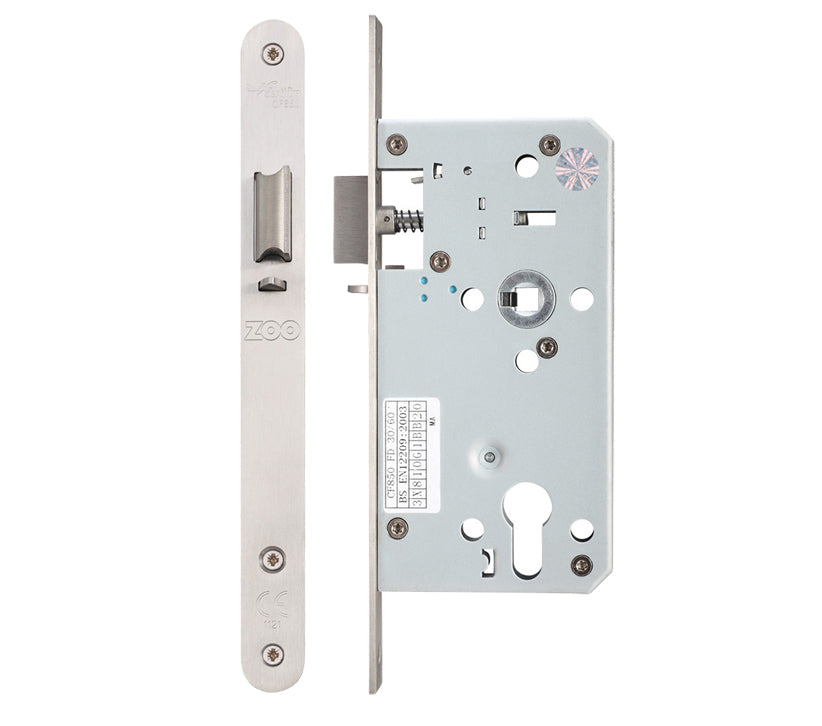 ZOO HARDWARE VIER 72MM C/C DIN NIGHT LATCH (SQUARE OR RADIUS PROFILE) - SATIN STAINLESS STEEL