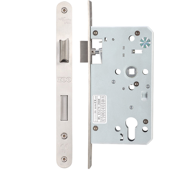 ZOO HARDWARE VIER 72MM C/C DIN ESCAPE LOCK (SQUARE OR RADIUS PROFILE) - SATIN STAINLESS STEEL