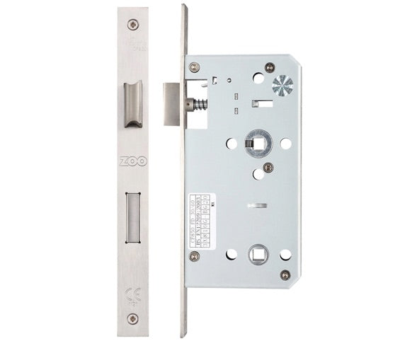 ZOO HARDWARE VIER 78MM C/C DIN BATHROOM LOCK (SQUARE OR RADIUS PROFILE) - SATIN STAINLESS STEEL
