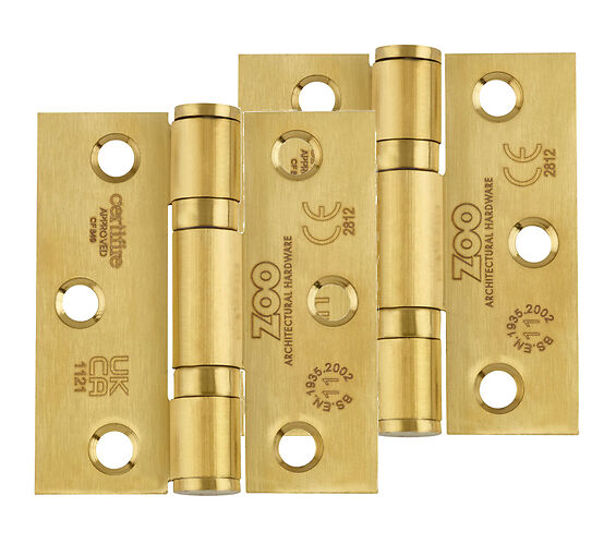 ZOO HARDWARE 3 INCH GRADE 11 (SQUARE OR RADIUS EDGE) BALL BEARING HINGE, PVD SATIN BRASS - (SOLD IN PAIRS)