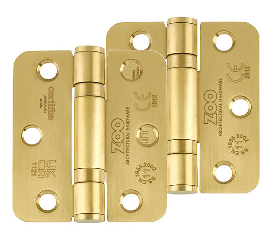 ZOO HARDWARE 3 INCH GRADE 11 (SQUARE OR RADIUS EDGE) BALL BEARING HINGE, PVD SATIN BRASS - (SOLD IN PAIRS)