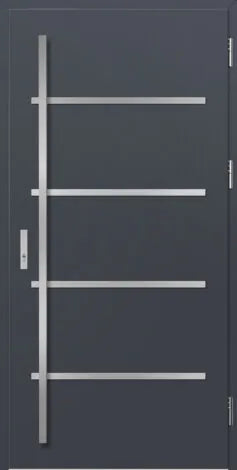 Dark gray door with silver geometric design