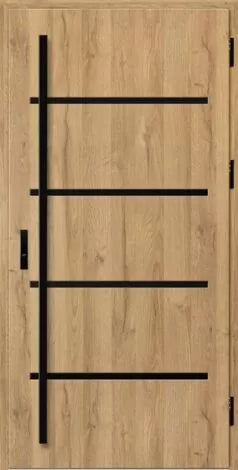 External steel composite door set with black horizontal bars on a natural oak background