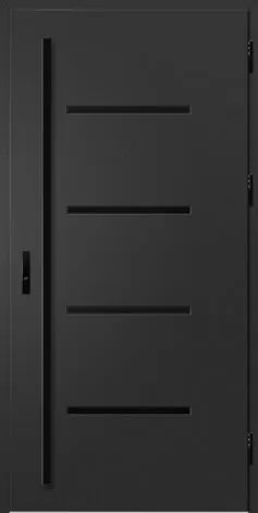 Black metal door with horizontal slats on a white background