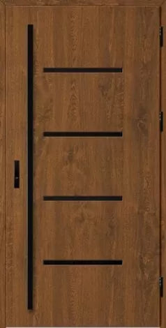 Front door with a modern design featuring black horizontal lines.