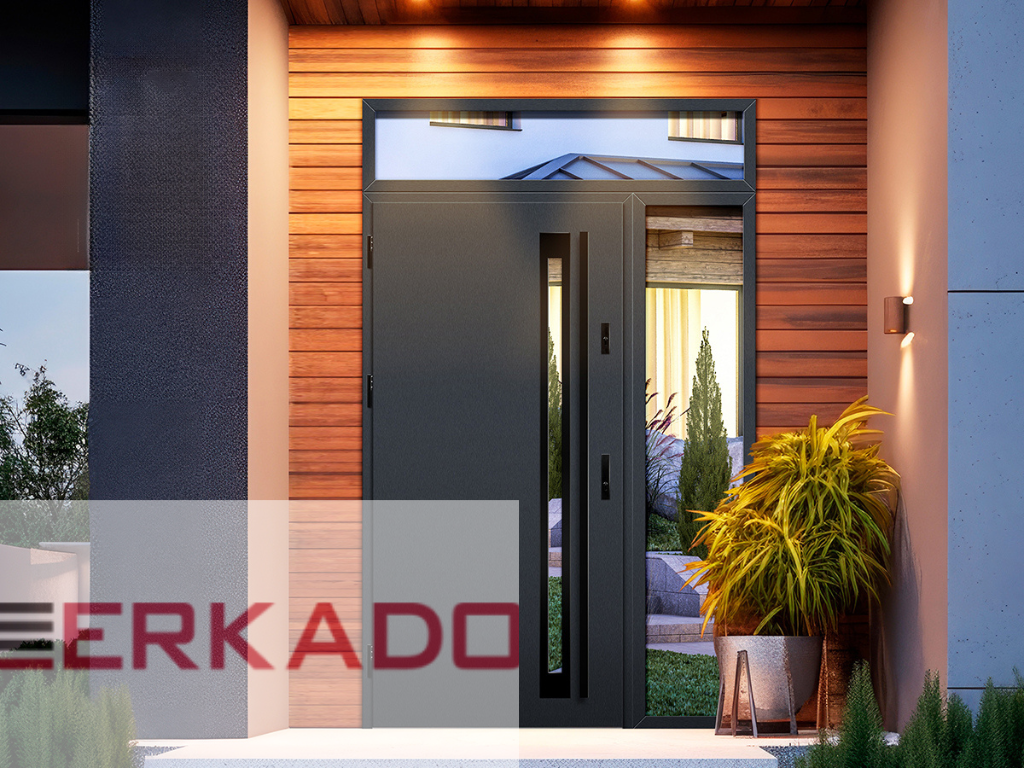 Modern house entrance with a glass door and wooden facade, featuring the brand 'ERKADO'.