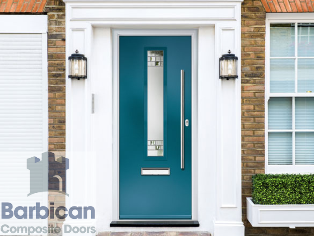 Blue front door with white frame on a house exterior, featuring Barbican Composite Doors branding.