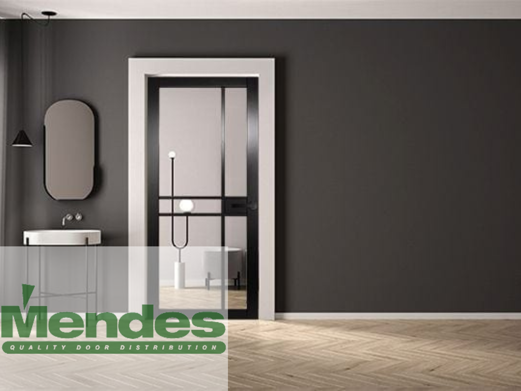 Modern interior design with a glass door leading to another room, featuring the Mendes logo.