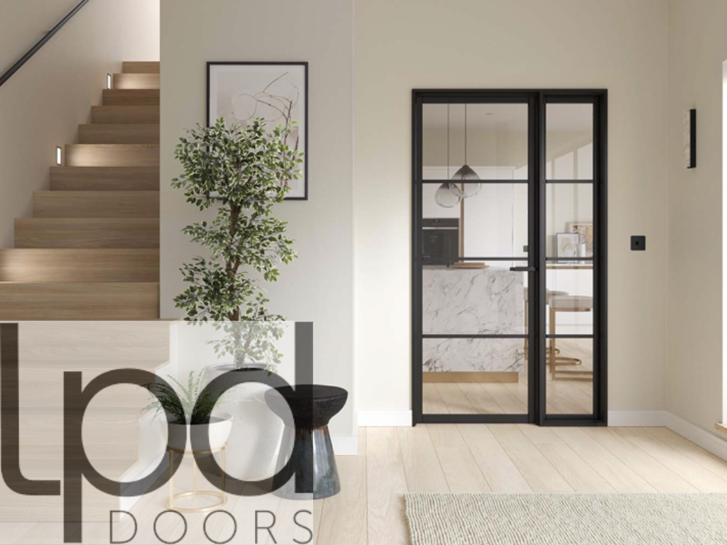 Modern interior design with a black framed glass door, staircase, and indoor plant.