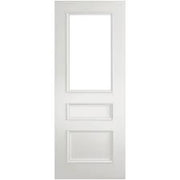 White door with three rectangular panels on a white background