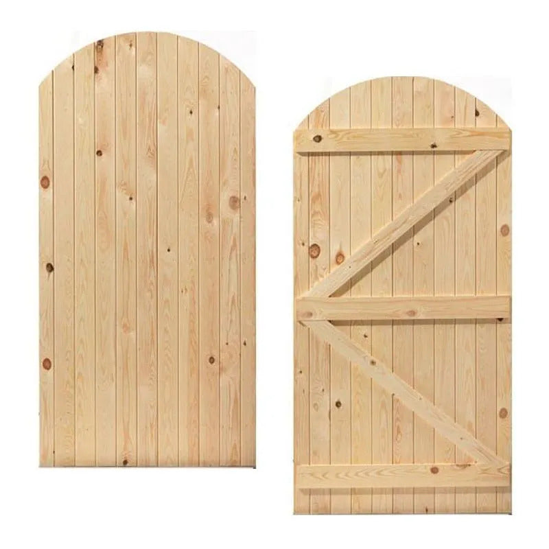 Two wooden doors with arch tops and different designs on a white background