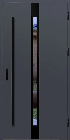 Modern gray door with a vertical window panel