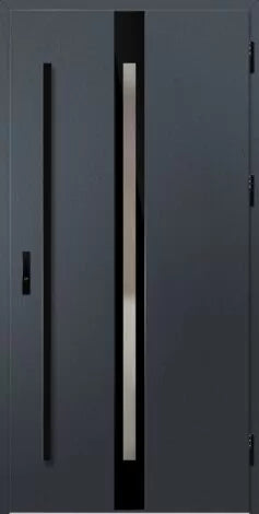 Modern gray door with black and white accents