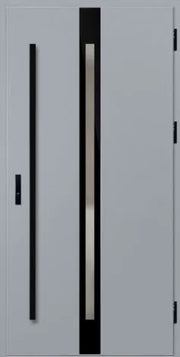 Modern door with black vertical bars on a gray background
