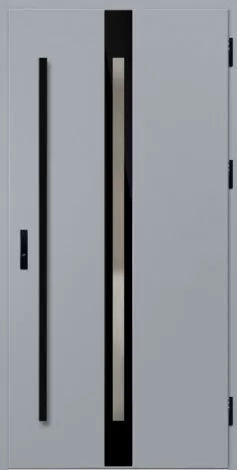 Modern door with black vertical bars on a gray background