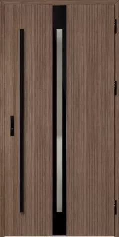 Front door with vertical black bars and a central silver strip