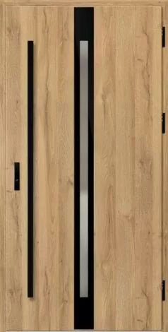 Front door with black vertical bars and glass panels