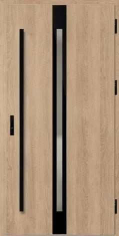 Front door with black vertical bars and glass panel