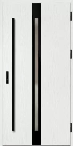 Modern white door with black and gray handles on a white background