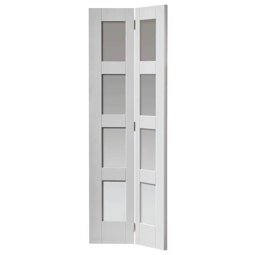White bi-fold door with glass panels on a white background