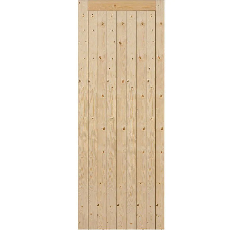 Wooden door with a slatted design on a white background