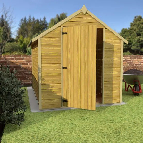 Wooden shed with open door on a grassy area with trees and a wheelbarrow in the background.