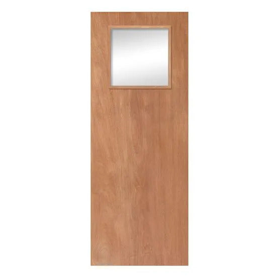 Wooden door with a glass panel on a white background
