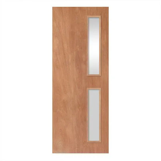 Wooden door with two vertical glass panels on a white background