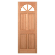 Wooden door with a decorative top panel on a white background