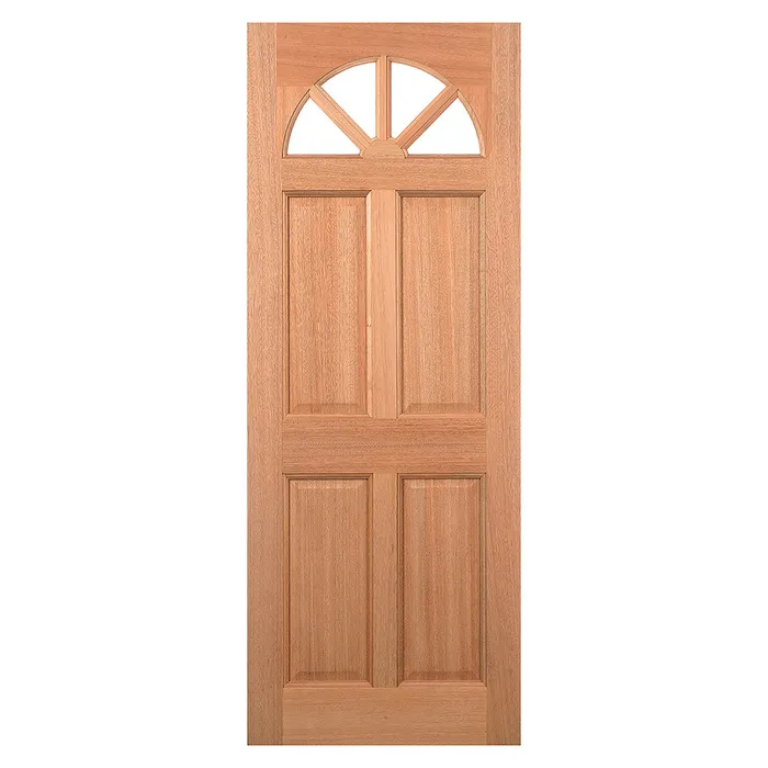 Wooden door with a decorative top panel on a white background