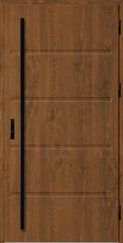 Front door with a vertical black strip on a brown background