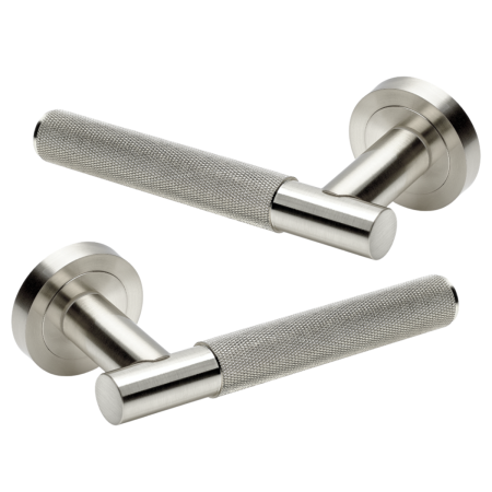 MARINO KNURLED LEVER DOOR HANDLE ON ROSE – SATIN NICKEL