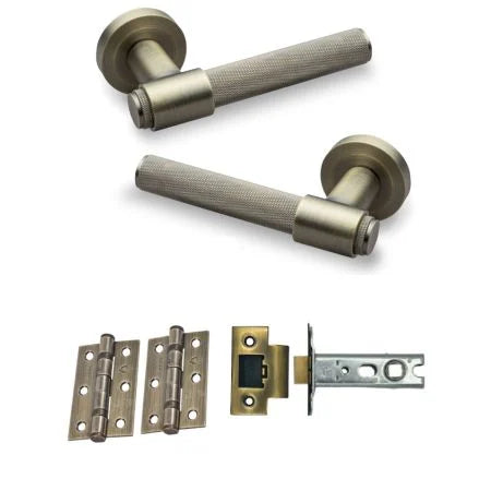 LVR016 Flare Knurled Door Handle on Rose – Latch Pack – Antique Brass